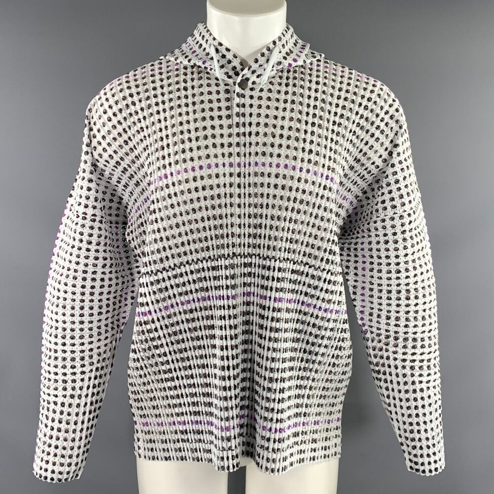 ISSEY MIYAKE Size M White Brown & Purple Pleated Polyester Hooded Pullover